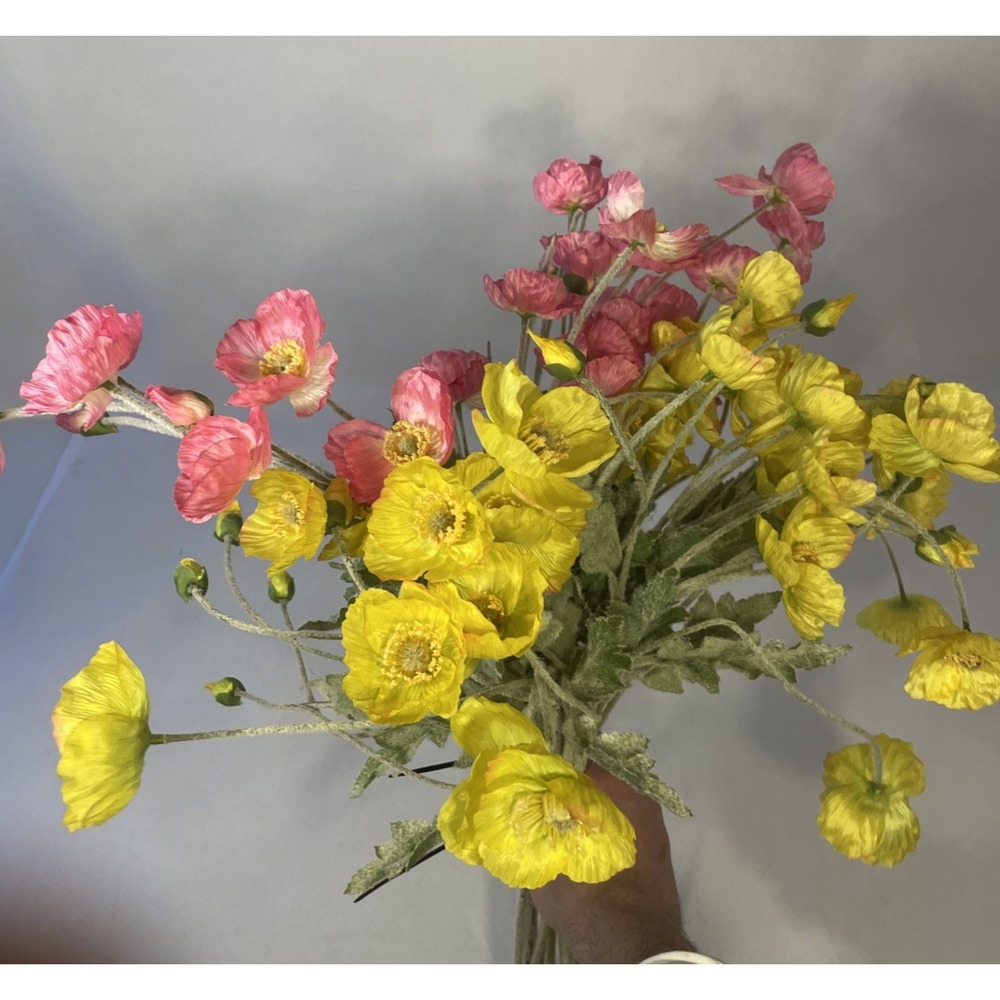 20 Artificial  poppy flowers  Silk Long Stem (half Pink And Half Yellow)